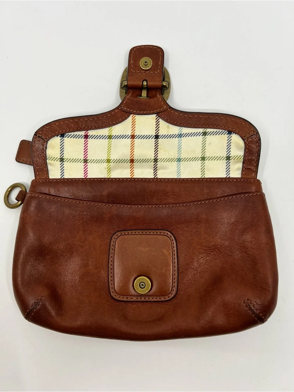 Vintage Coach Bleecker Whiskey Leather Wristlet Clutch Tattersall Lined